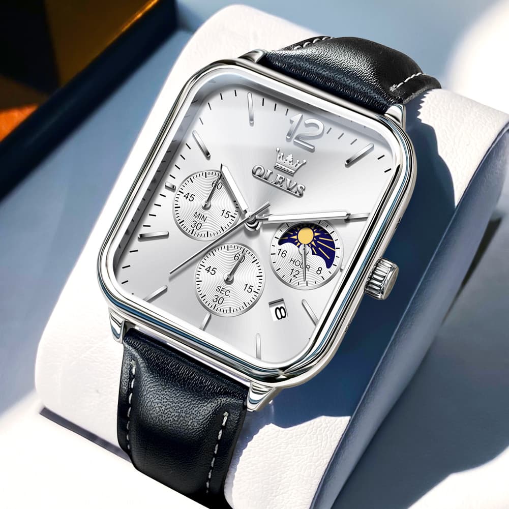 OLEVS 9914 Square Case Moon Phase Chronograph Watch for Men