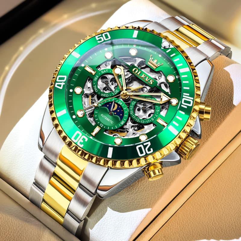 OLEVS 6715 Skeleton Multifunction Moon Phase Sports Mechanical Watch For Men