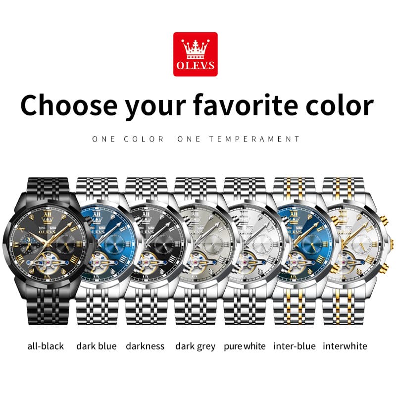 OLEVS 6620 Skeleton Moon Phase Mechanical Watch for Men