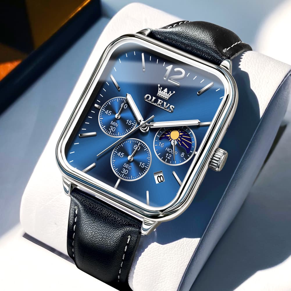 OLEVS 9914 Square Case Moon Phase Chronograph Watch for Men