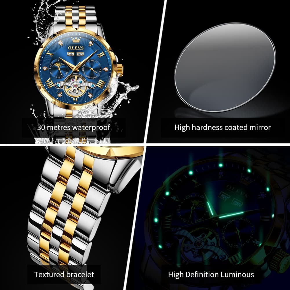 OLEVS 6691 Automatic Moon Phase Skeleton Steel Watch for Men