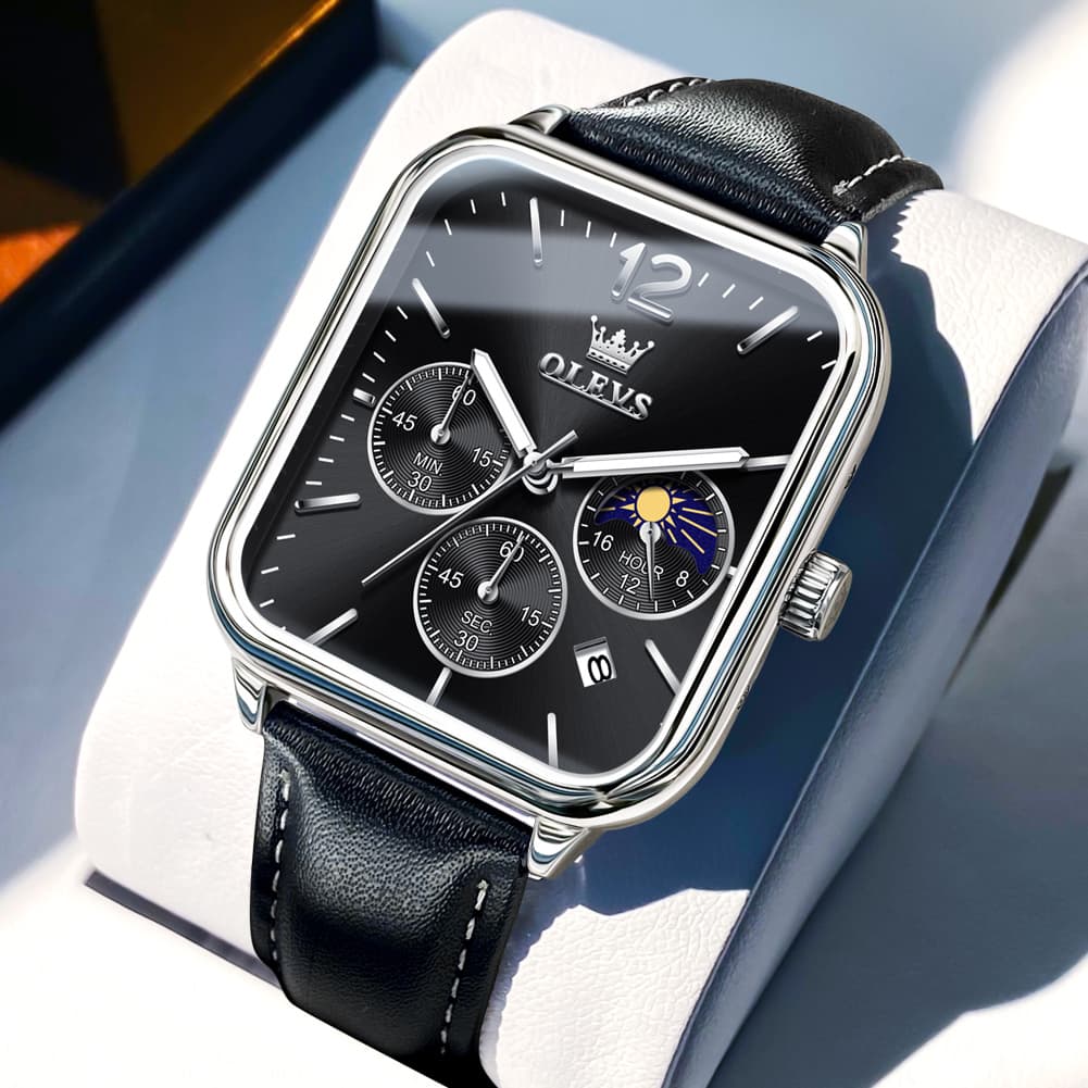 OLEVS 9914 Square Case Moon Phase Chronograph Watch for Men