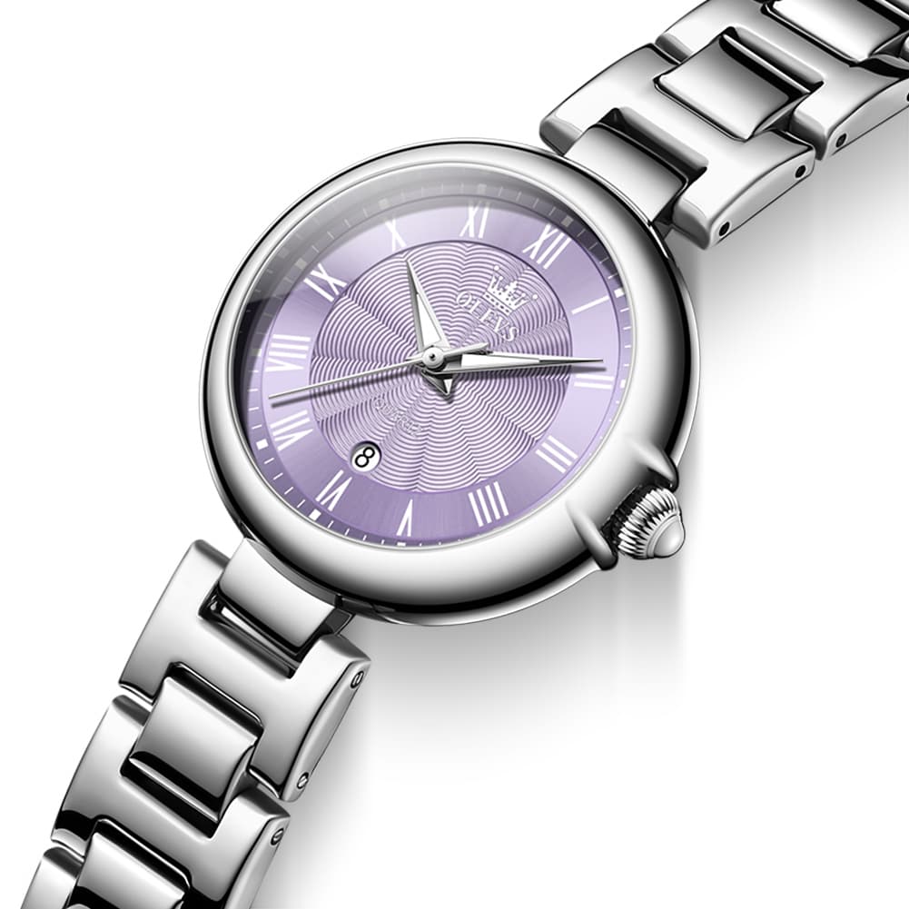 OLEVS Women Roman Numeral Dress Watch Sunray Dial Stainless Steel Date Quartz 5608