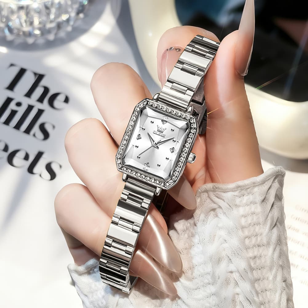 OLEVS 5688 Beveled Edge Crystal Rectangular Watch Diamond Bezel Stainless Steel Quartz Timepiece for Women