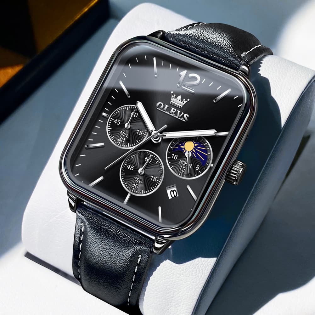 OLEVS 9914 Square Case Moon Phase Chronograph Watch for Men