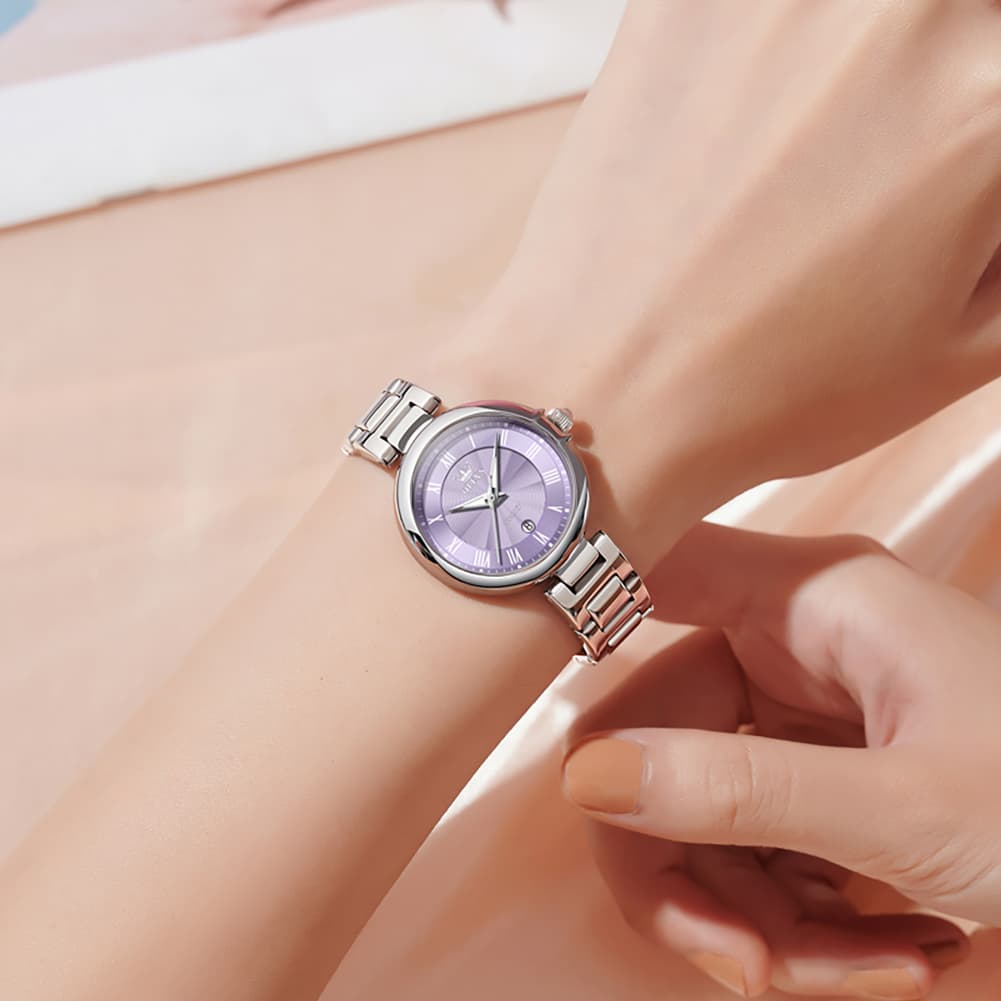 OLEVS Women Roman Numeral Dress Watch Sunray Dial Stainless Steel Date Quartz 5608