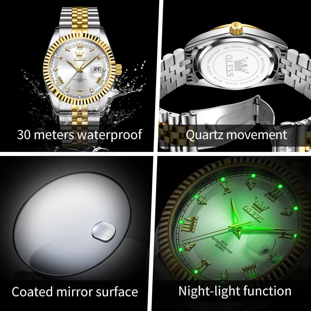 OLEVS 5680 Fluted Bezel Roman Diamond Dial Watch Stainless Steel Jubilee Bracelet Quartz Timepiece for Men