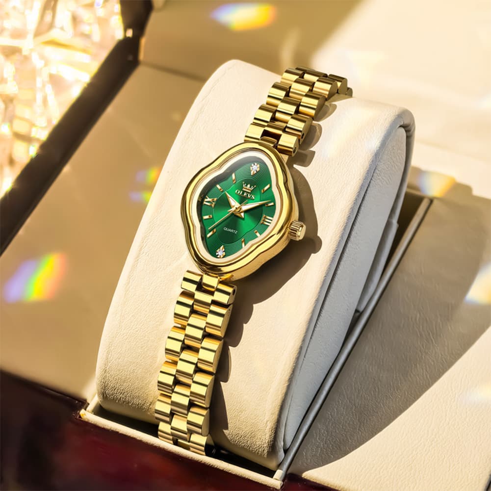 OLEVS 5666 Petal Case Vintage Dress Watch Gold Bracelet Quartz Jewelry Timepiece for Women