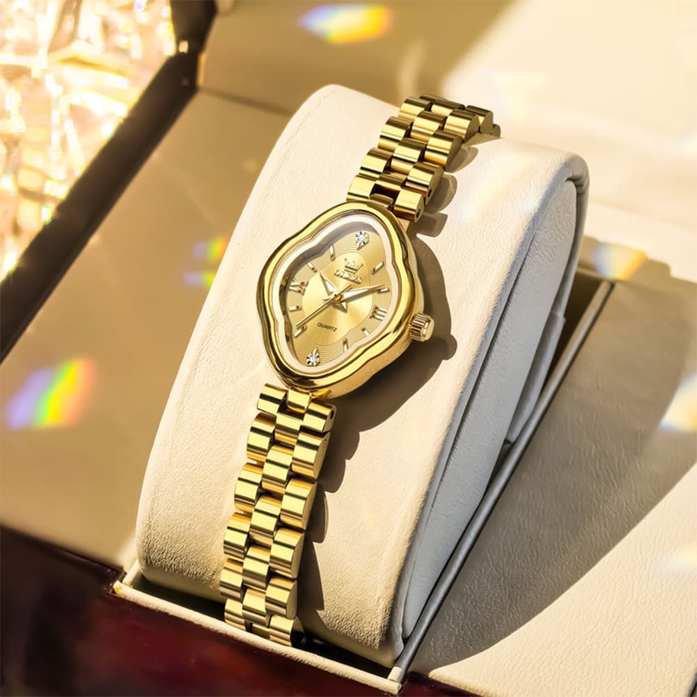 OLEVS 5666 Petal Case Vintage Dress Watch Gold Bracelet Quartz Jewelry Timepiece for Women