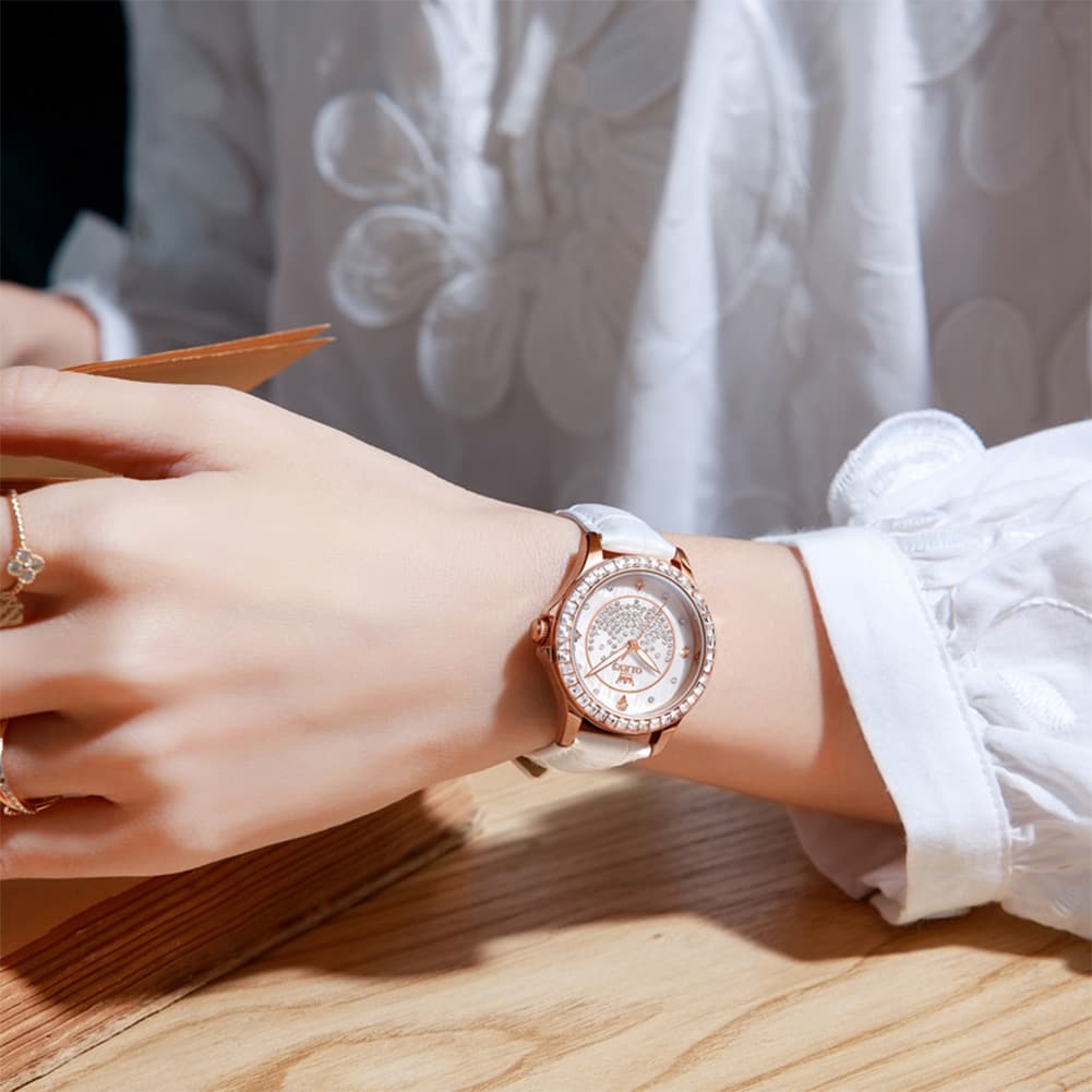 OLEVS 3715 Diamond Mother of Pearl Leather Watch for Women