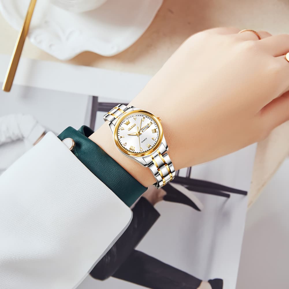 OLEVS Women Diamond Dress Watch Two Tone Stainless Steel Quartz Day Date 5563