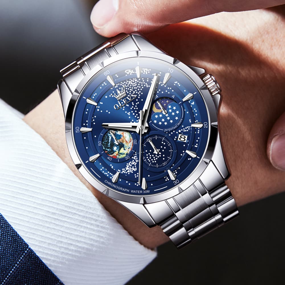 OLEVS Starry Sky Moon Phase Watch for Men Stainless Steel 5538