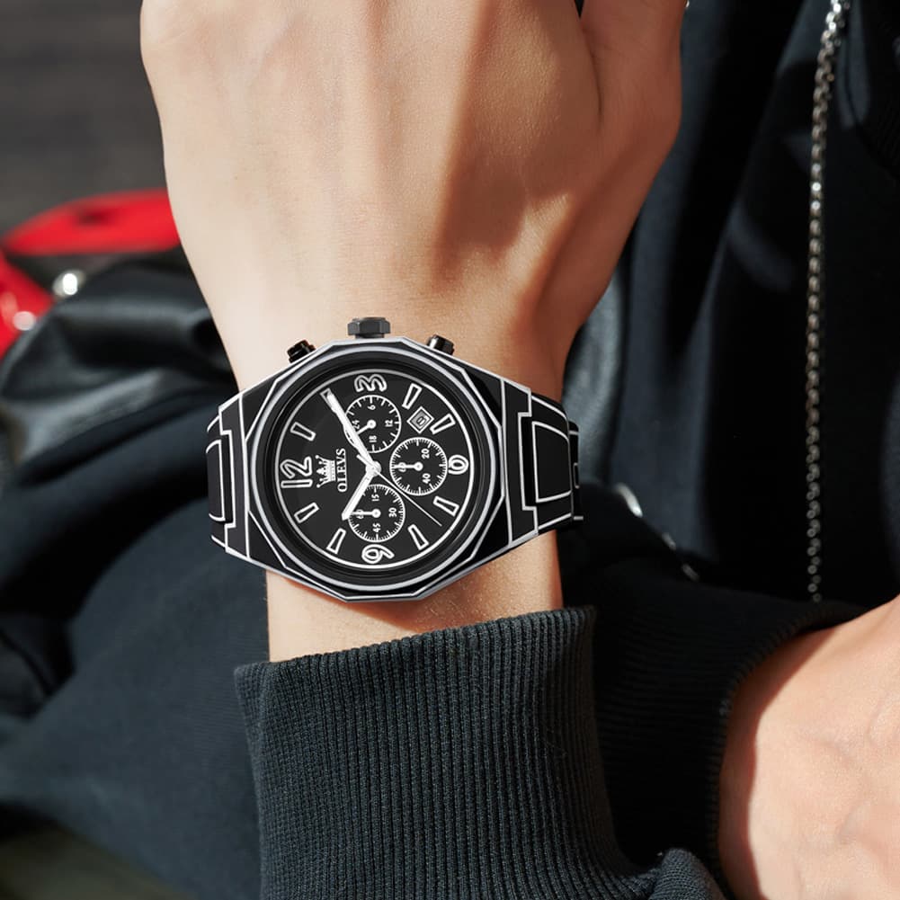 OLEVS Men Streetwear Comic Chronograph Watch Octagonal Silicone Quartz 5622
