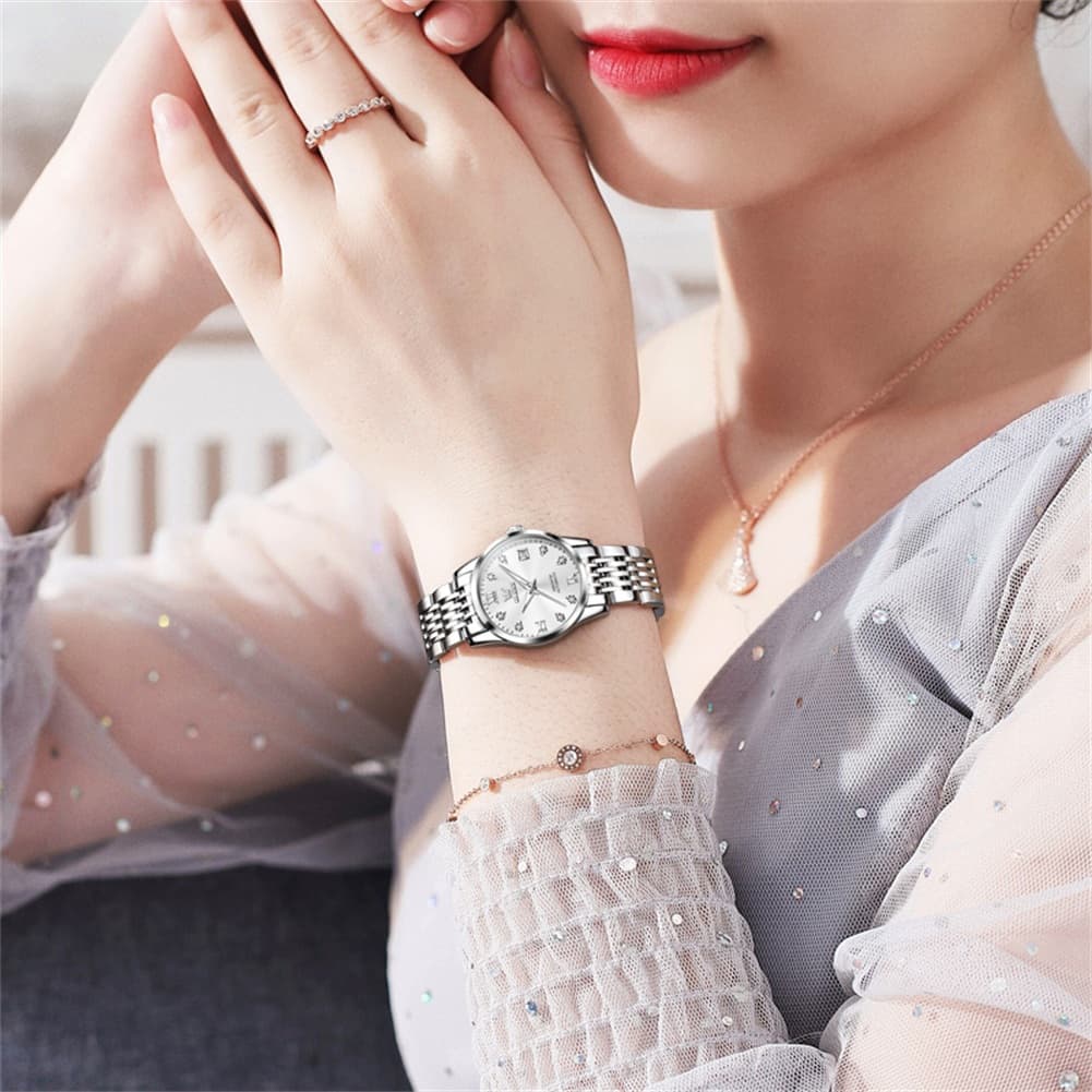 OLEVS 6673 Diamond Automatic Stainless Steel Watch for Women