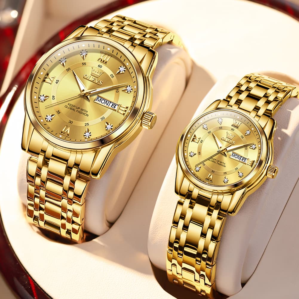 OLEVS Couple Watches Diamond Dial Day Date Quartz Watch 5513 Steel Band for His and Hers