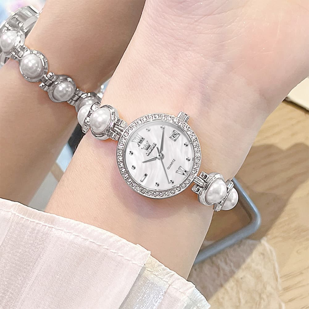 OLEVS 5669 Pearl Bracelet Watch Zircon Bezel Quartz Jewelry Timepiece for Women