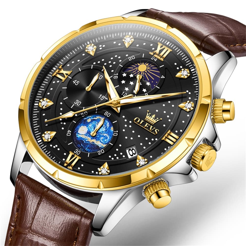 OLEVS 9807 Starry Moon Phase Chronograph Quartz Watch for Men
