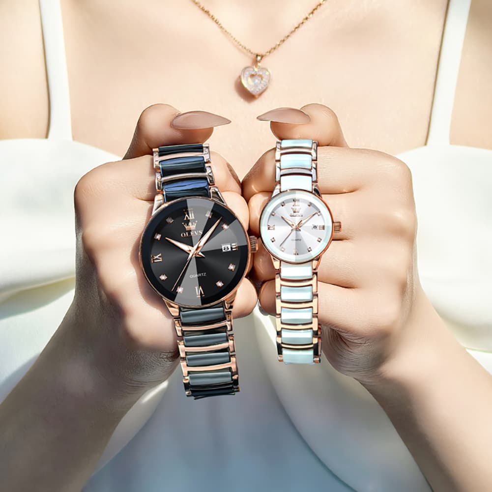OLEVS 7114 Ceramic Link Watch Couple Date Diamond Accent Quartz Luxury Timepiece for Men and Women