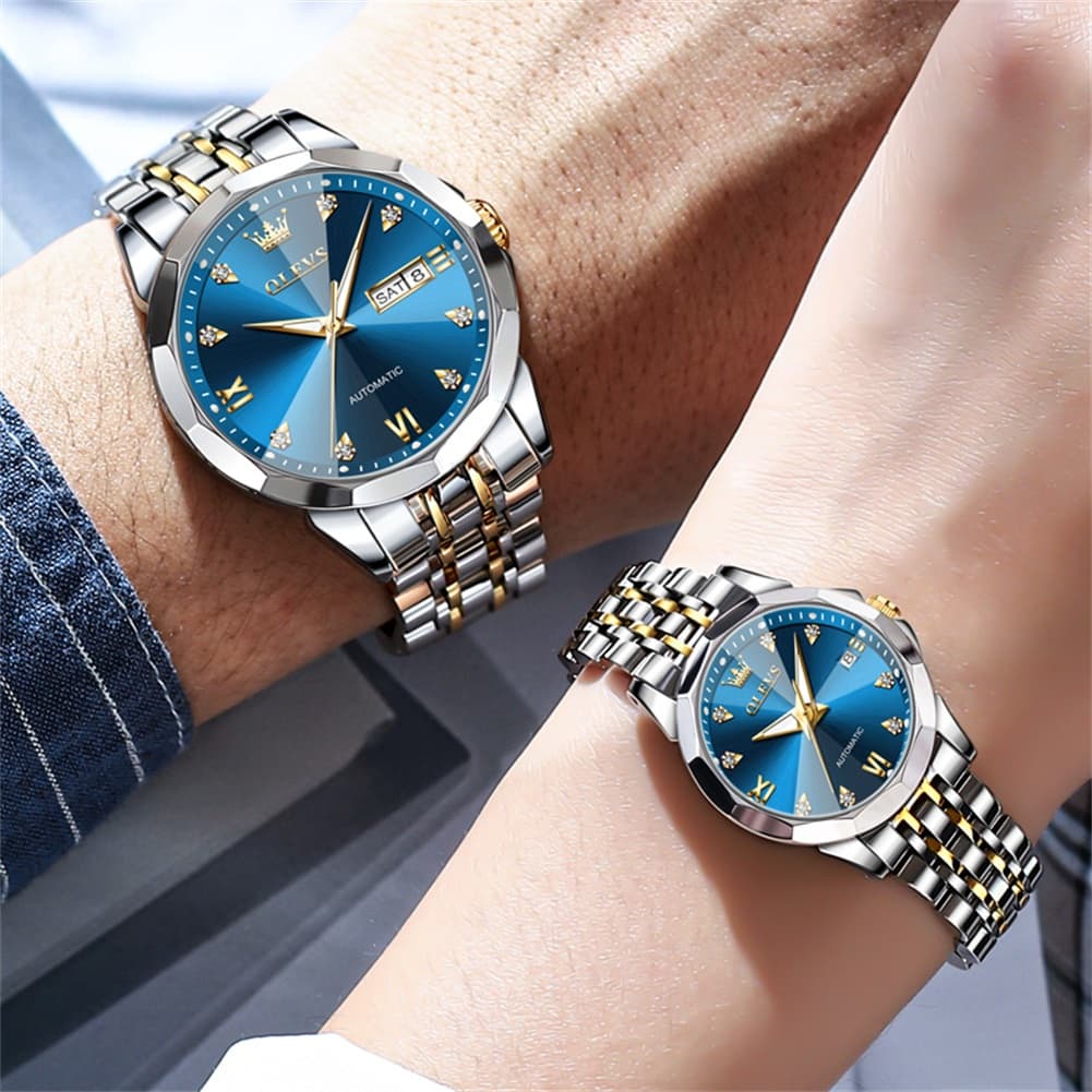 OLEVS Couple Watches 3D Diamond Cut Mirror Automatic Watch 9982 Steel Band for His and Hers
