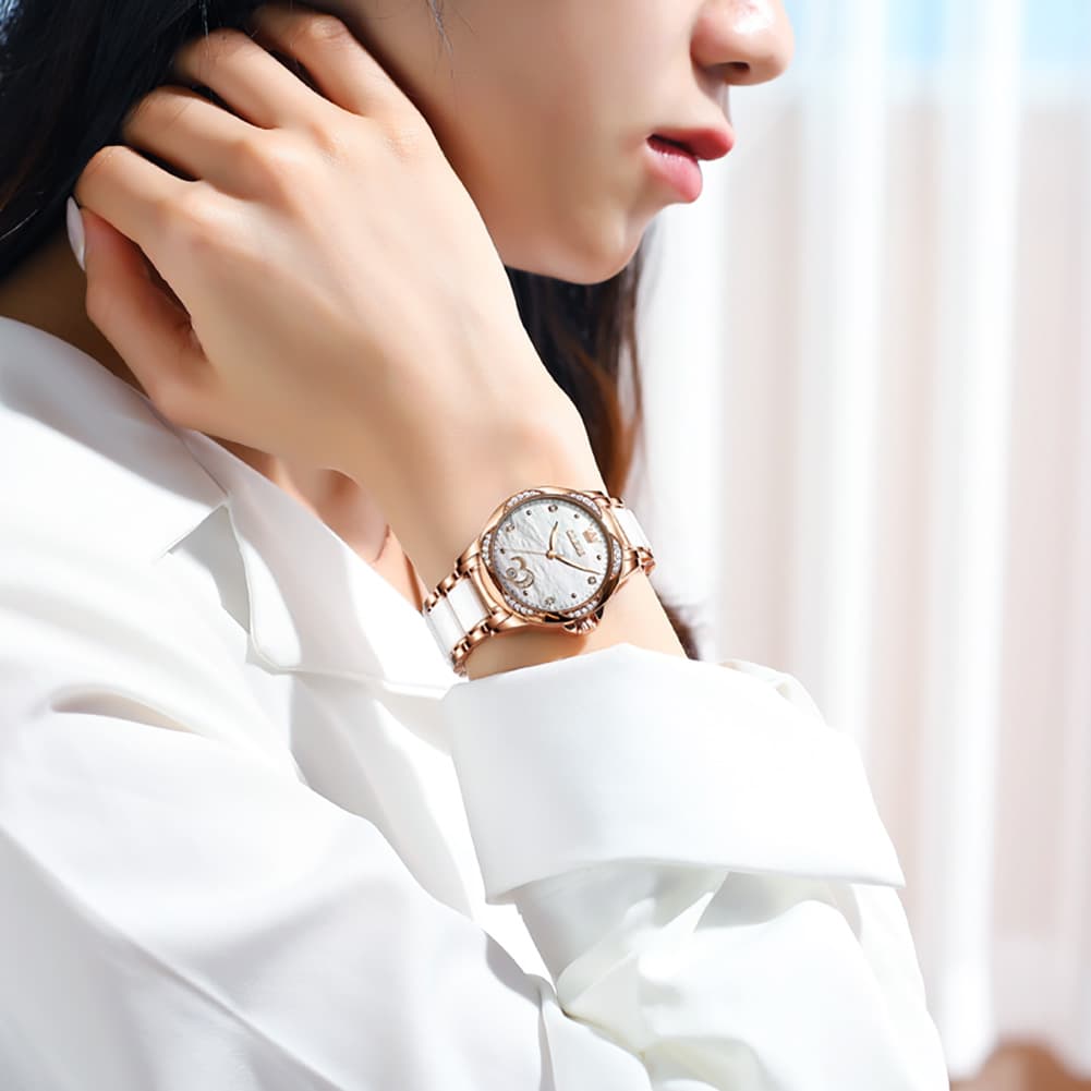 OLEVS 6631 Ceramic Mechanical Skeleton Watch for Women