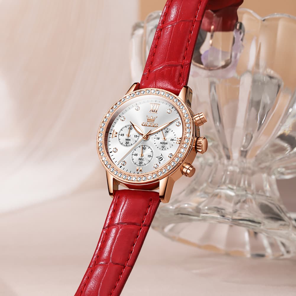 OLEVS 9933 Crystal Bezel Chronograph Leather Watch for Women