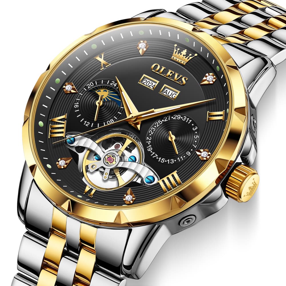 OLEVS 6691 Automatic Moon Phase Skeleton Steel Watch for Men