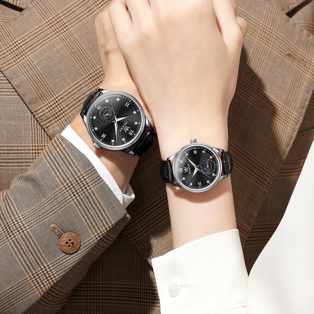 OLEVS 7039 Leather Moon Phase Couples Watch Set
