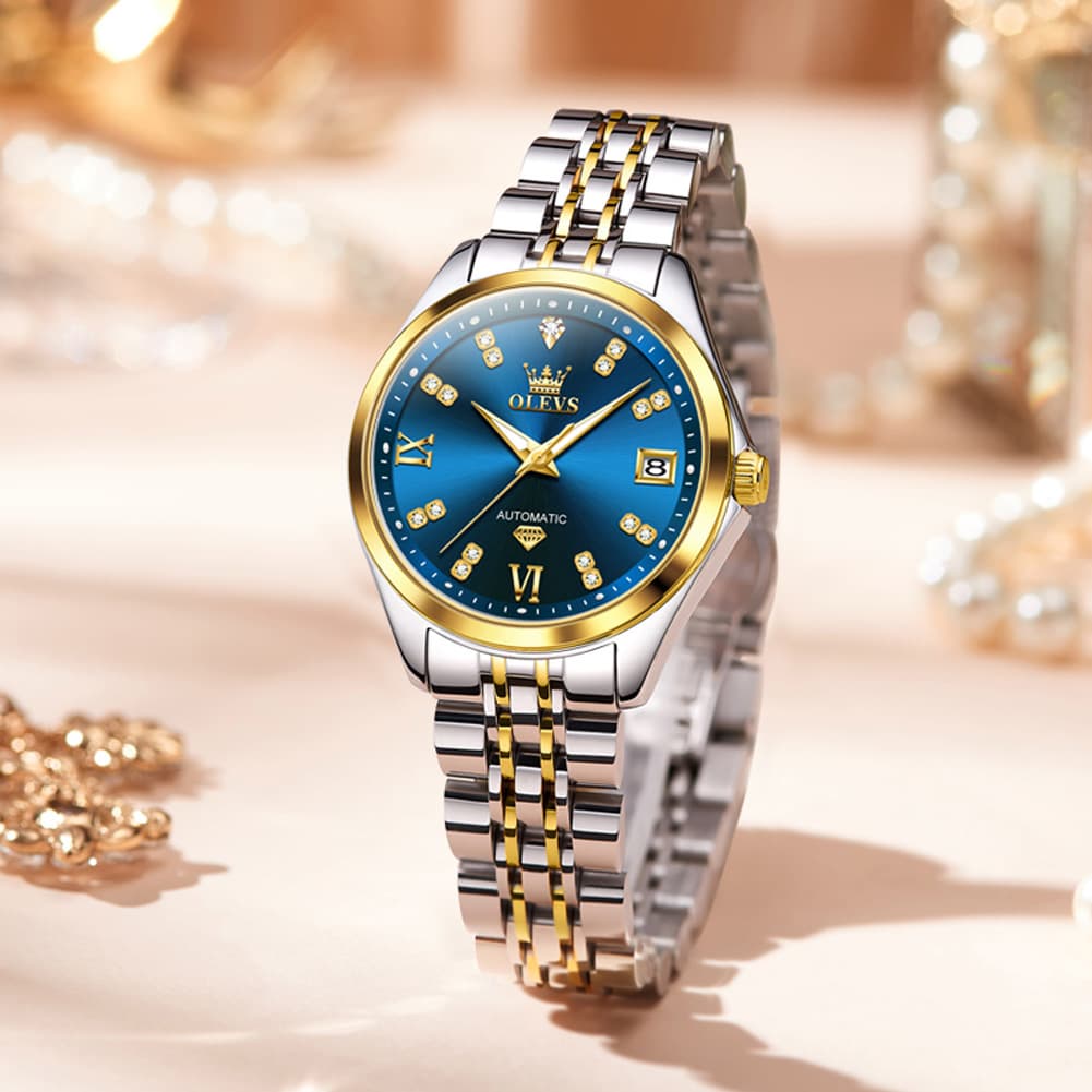 OLEVS Diamond Dial Automatic Mechanical Watch 9801 Date Display for Women