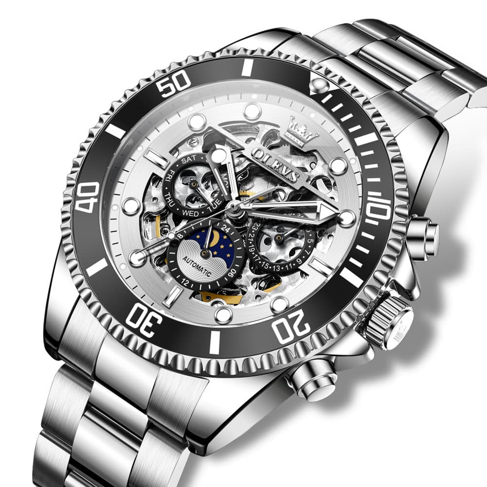 OLEVS 6715 Skeleton Multifunction Moon Phase Sports Mechanical Watch For Men