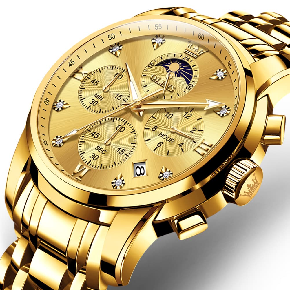 OLEVS 3655 Chronograph Moon Phase Roman Diamond Dial Stainless Steel Watch For Men