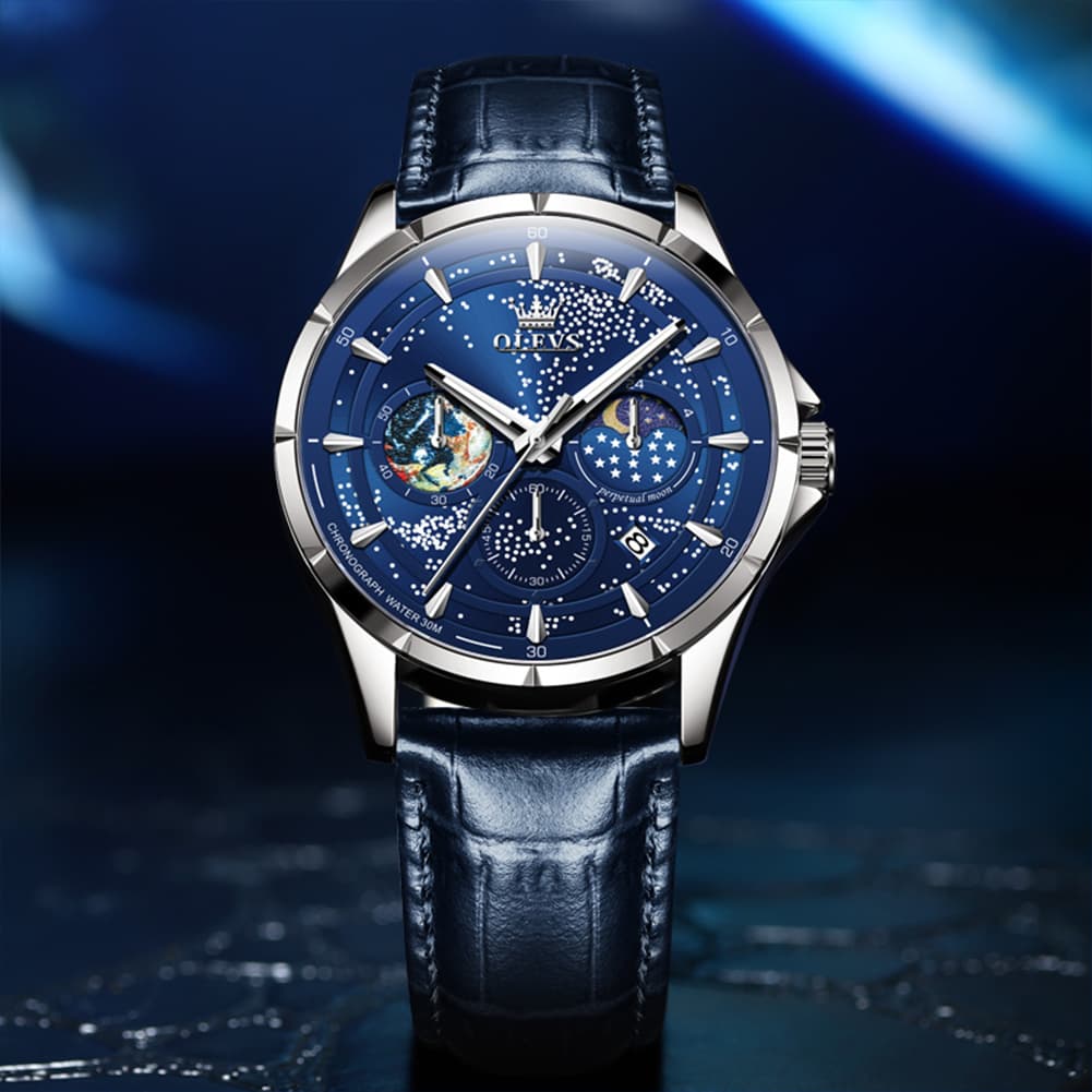 OLEVS Starry Sky Moon Phase Watch Leather Strap for Men 5538
