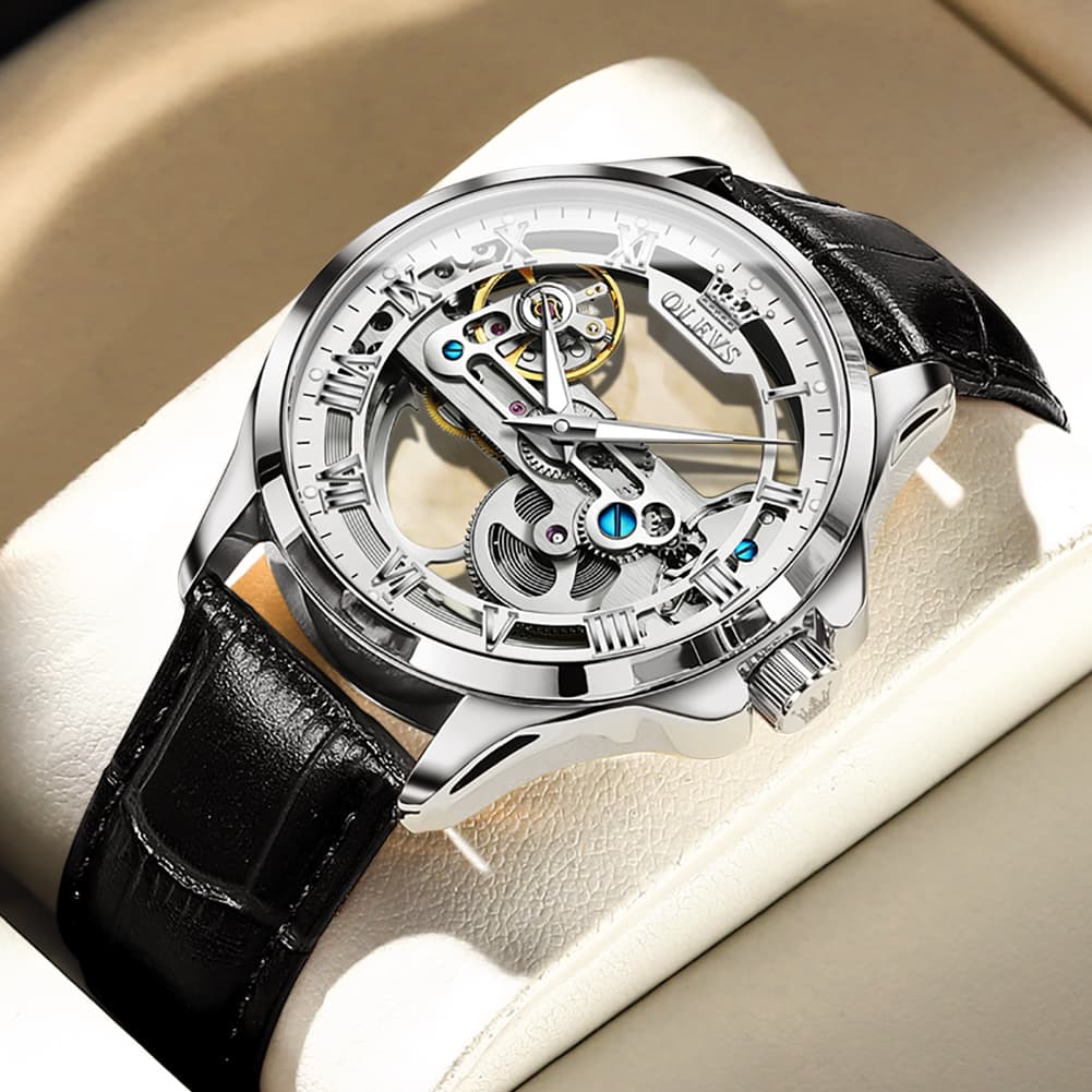 OLEVS 6661 Leather Skeleton Mechanical Watch for Men