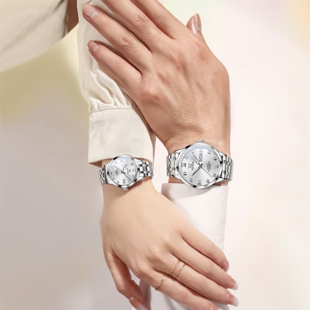 OLEVS Couple Watches Diamond Dial Automatic Mechanical Watch 9946 Steel Band for His and Hers