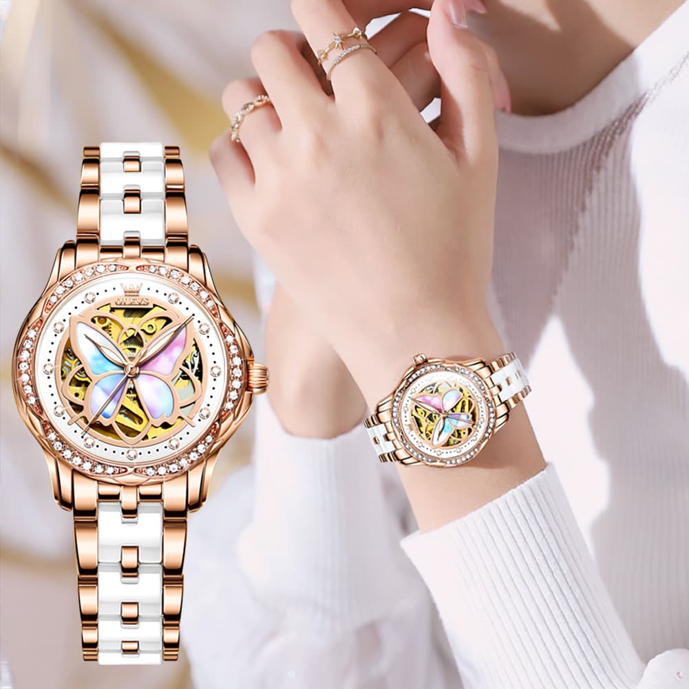 OLEVS 6615 Automatic Skeleton Bright Butterfly Watch Set for Women