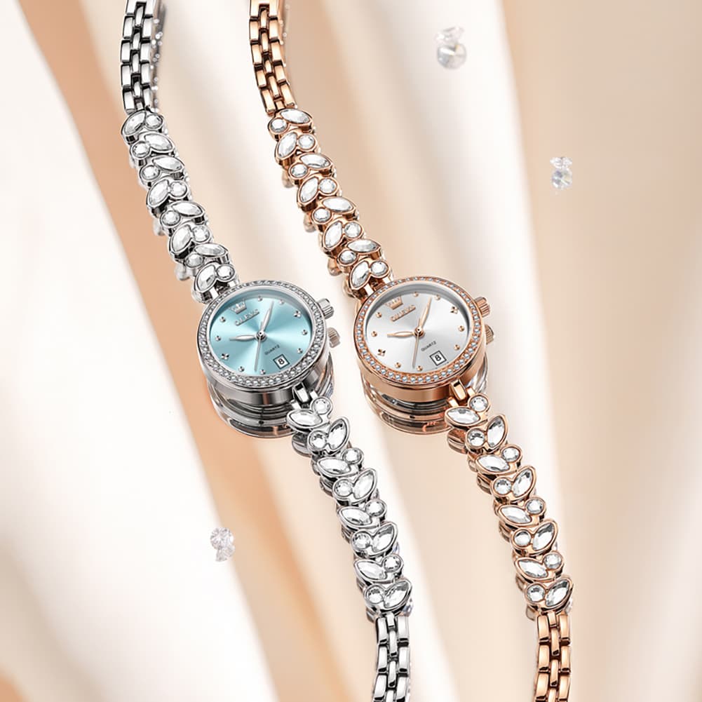 OLEVS 5679 Crystal Cluster Bracelet Watch Zircon Bezel Date Quartz Jewelry Timepiece for Women