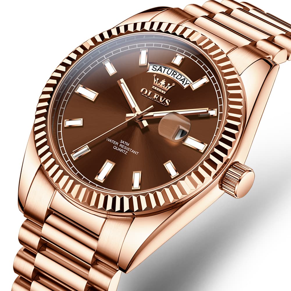 OLEVS 5650 Fluted Bezel Day Date Watch Stainless Steel Quartz Luxury Timepiece for Men