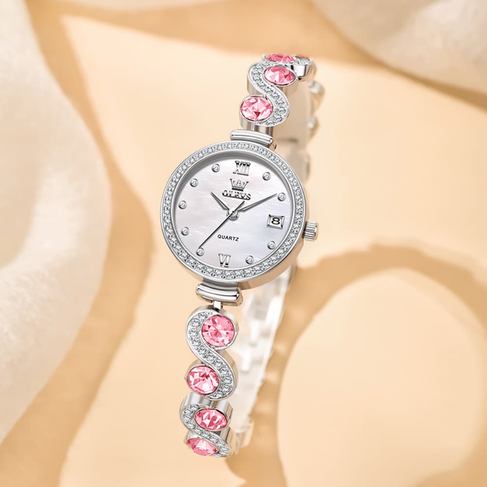 OLEVS Women Jewelry Bracelet Watch Pink Diamond Mother of Pearl Date Quartz 5633