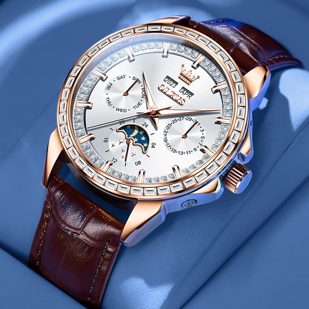 OLEVS 6695P Baguette Diamond Leather Mechanical Watch for Men