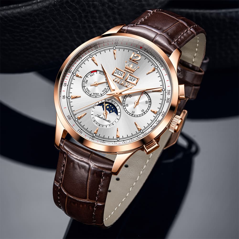 OLEVS Moon Phase Automatic Mechanical Watch 7128 Leather Strap for Men