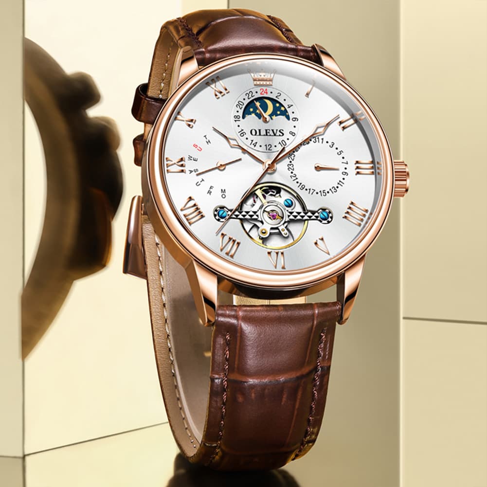 OLEVS 7009 Sun and Moon Skeleton Mechanical Watch for Men