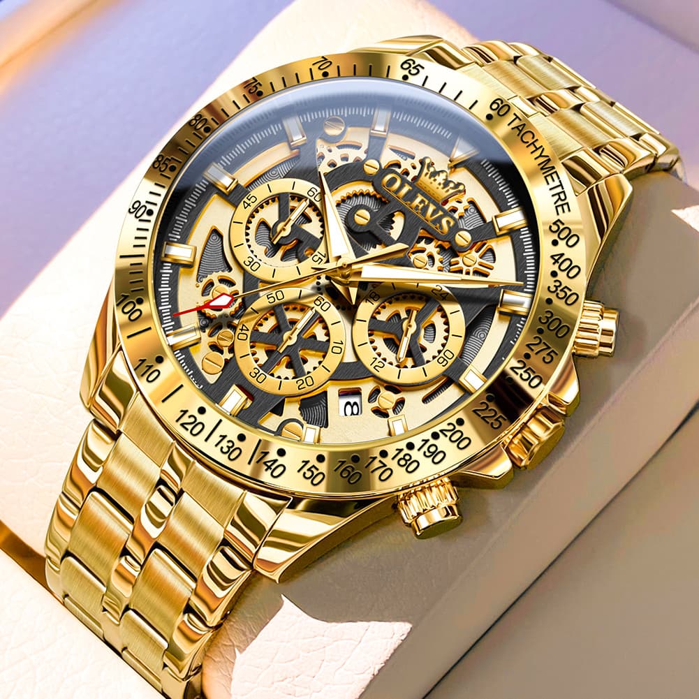 OLEVS 9913 Skeleton Dial Chronograph Gold Quartz Watch for Men