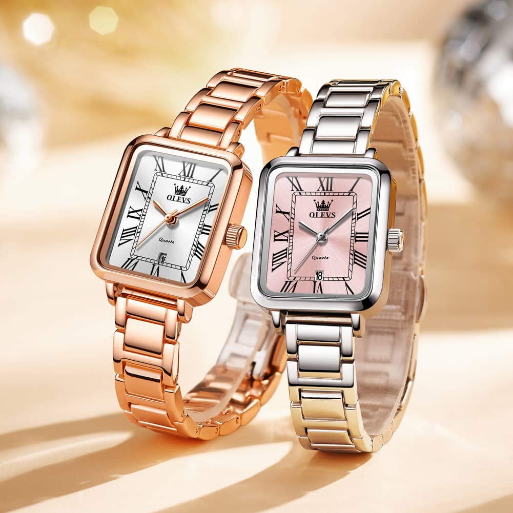OLEVS Women Rectangular Dress Watch Retro Tank Stainless Steel Date Quartz 5641
