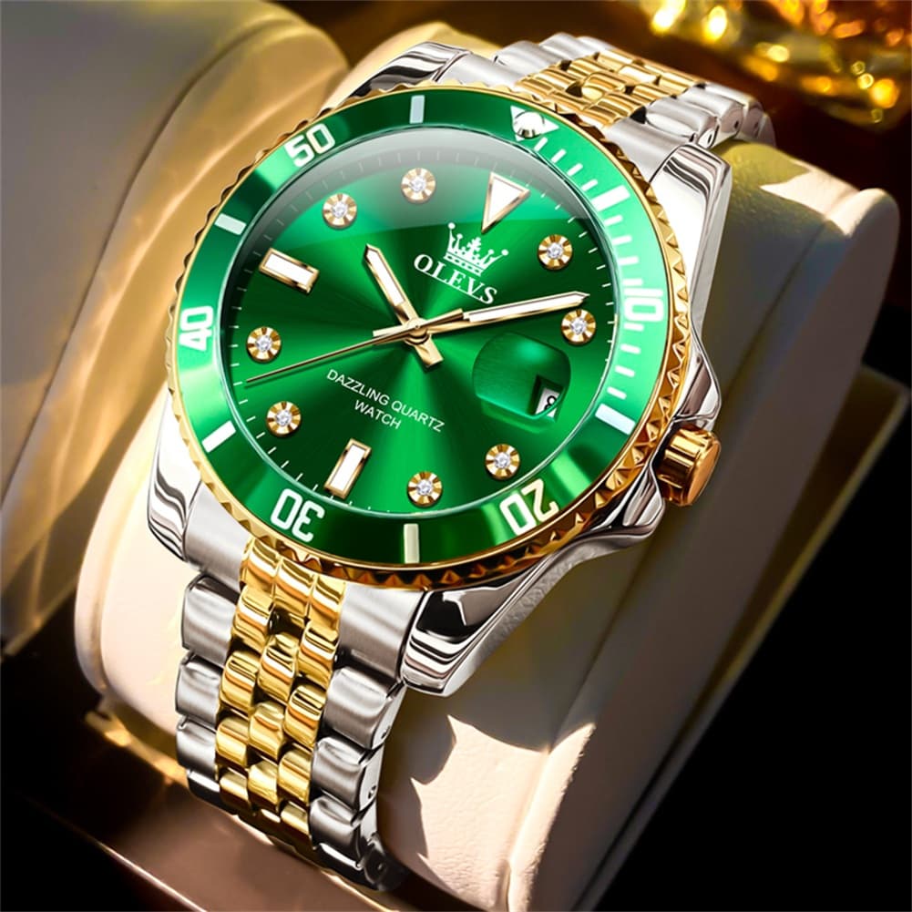 OLEVS 9809 Rotating Bezel Diamond Dial Stainless Steel Quartz Watch for Men