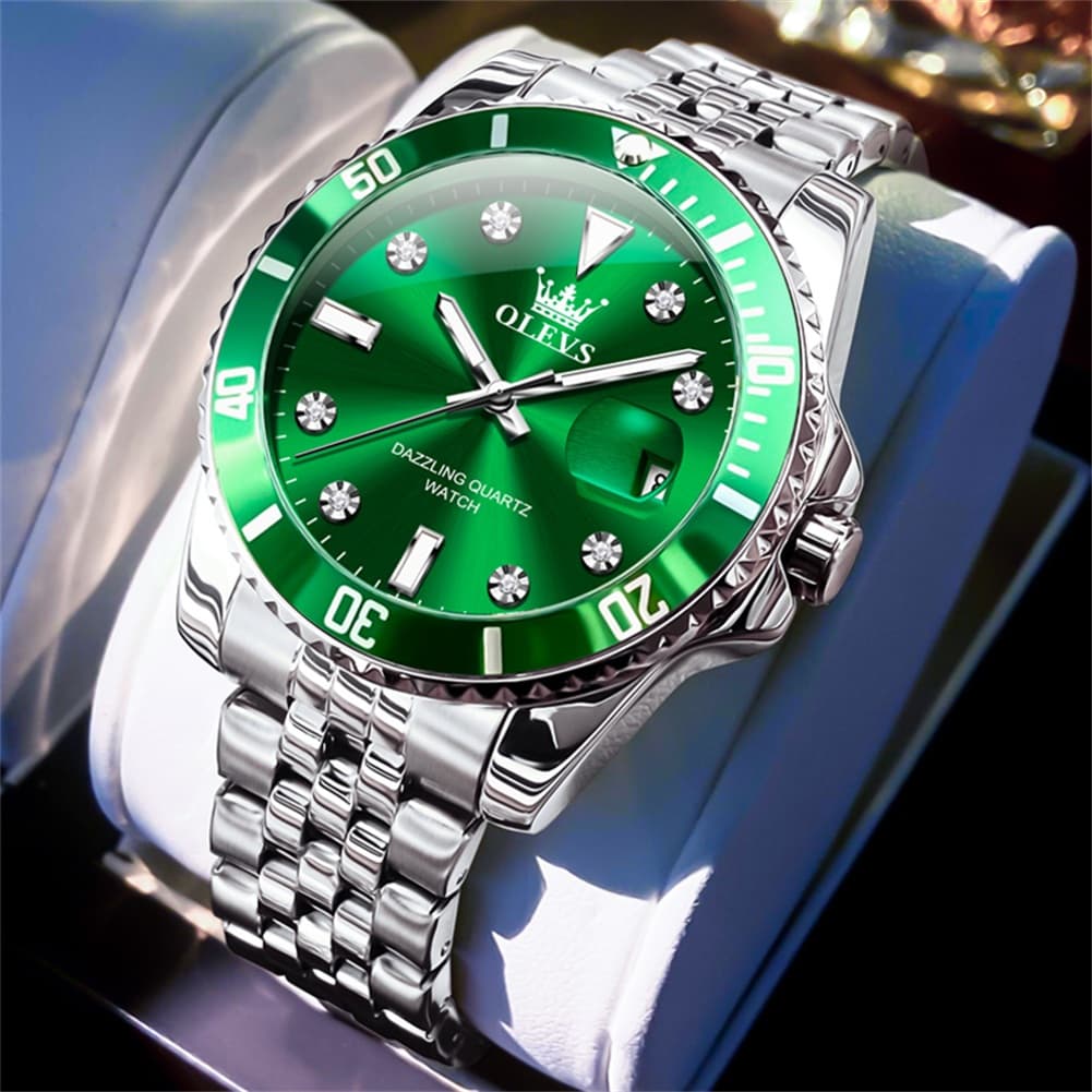 OLEVS 9809 Rotating Bezel Diamond Dial Stainless Steel Quartz Watch for Men