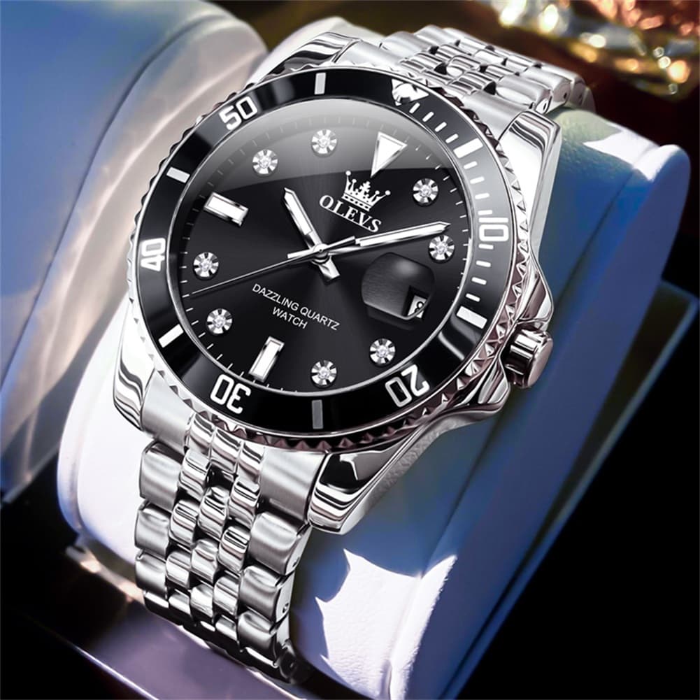 OLEVS 9809 Rotating Bezel Diamond Dial Stainless Steel Quartz Watch for Men