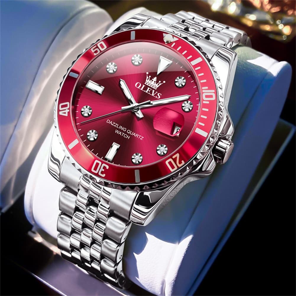OLEVS 9809 Rotating Bezel Diamond Dial Stainless Steel Quartz Watch for Men