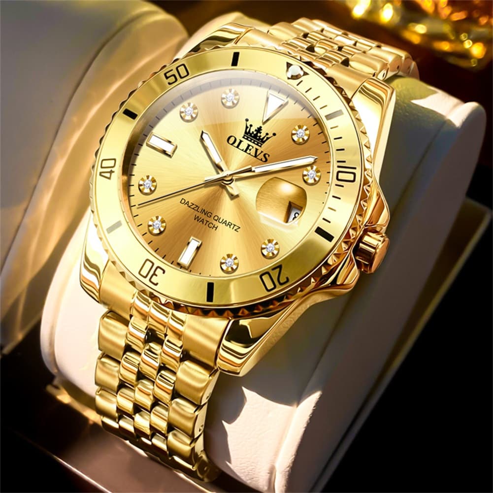OLEVS 9809 Rotating Bezel Diamond Dial Stainless Steel Quartz Watch for Men