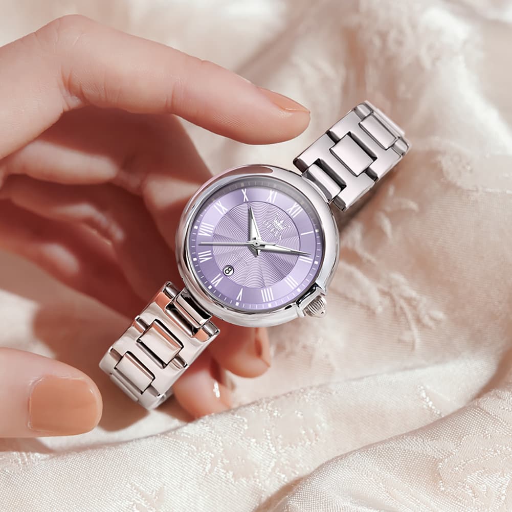 OLEVS Women Roman Numeral Dress Watch Sunray Dial Stainless Steel Date Quartz 5608