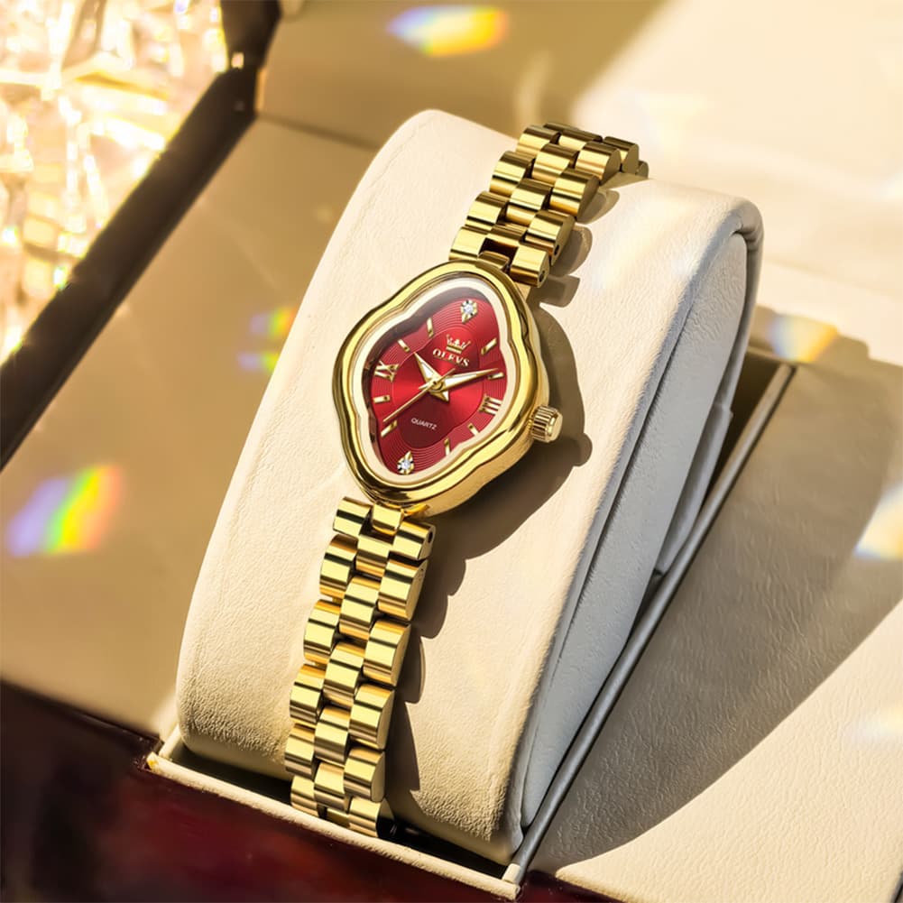 OLEVS 5666 Petal Case Vintage Dress Watch Gold Bracelet Quartz Jewelry Timepiece for Women