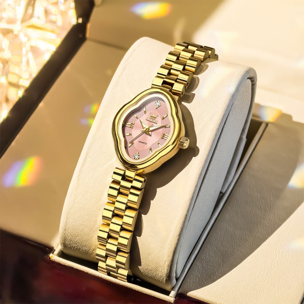 OLEVS 5666 Petal Case Vintage Dress Watch Gold Bracelet Quartz Jewelry Timepiece for Women